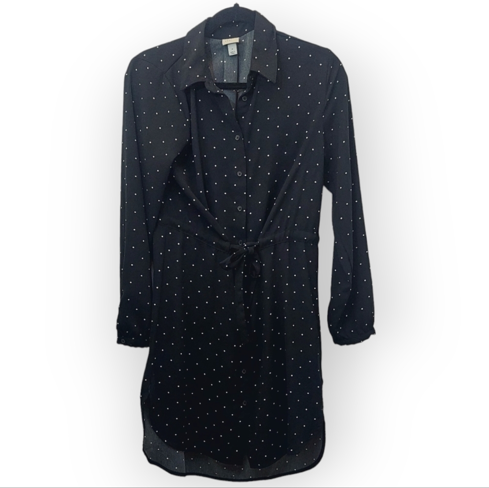 Black Polka Dot Tie-Waist Shirt Dress